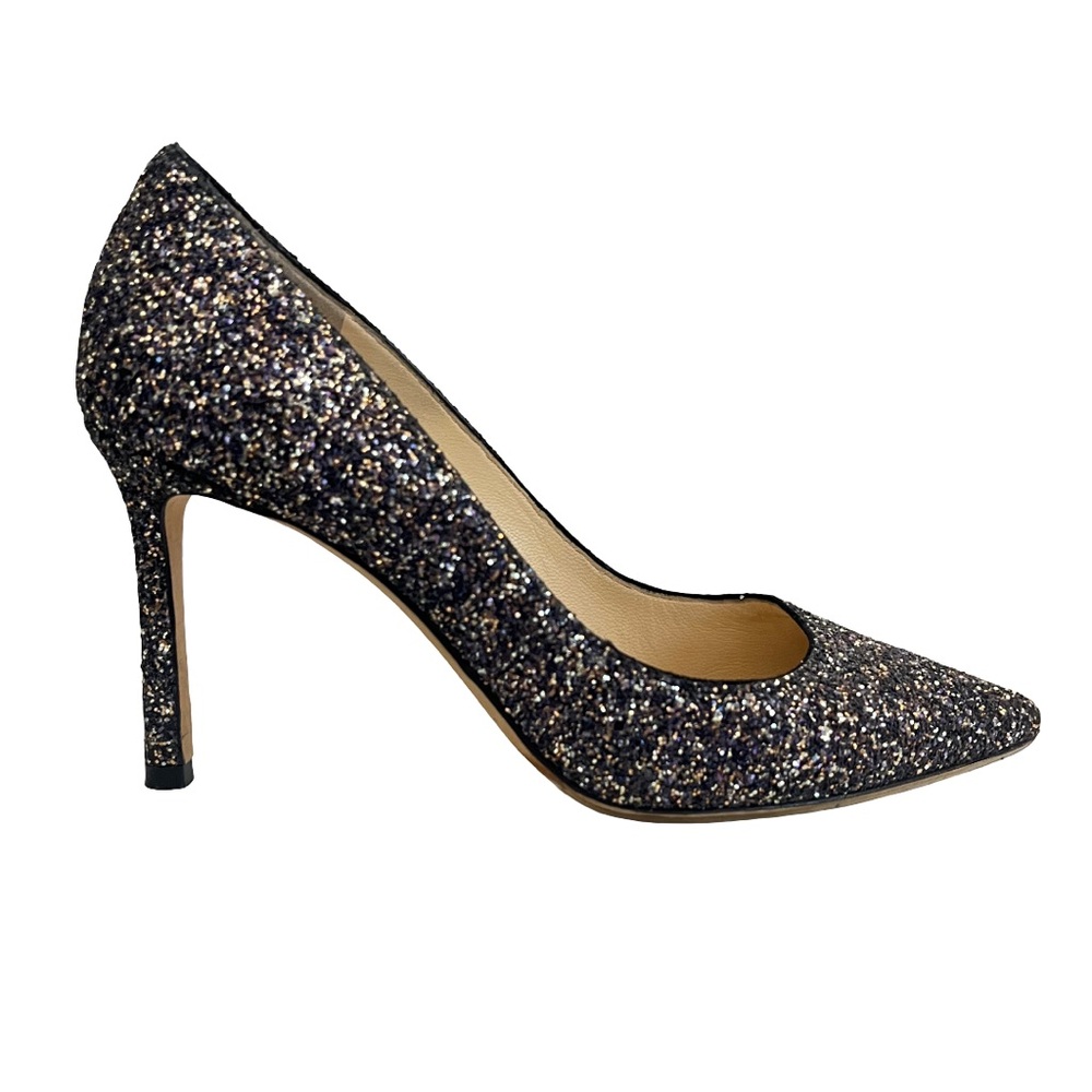 JIMMY CHOO Romy Glitter Pumps Stiletto Heel Made in Italy 35 Sz 5 Pointed Toe